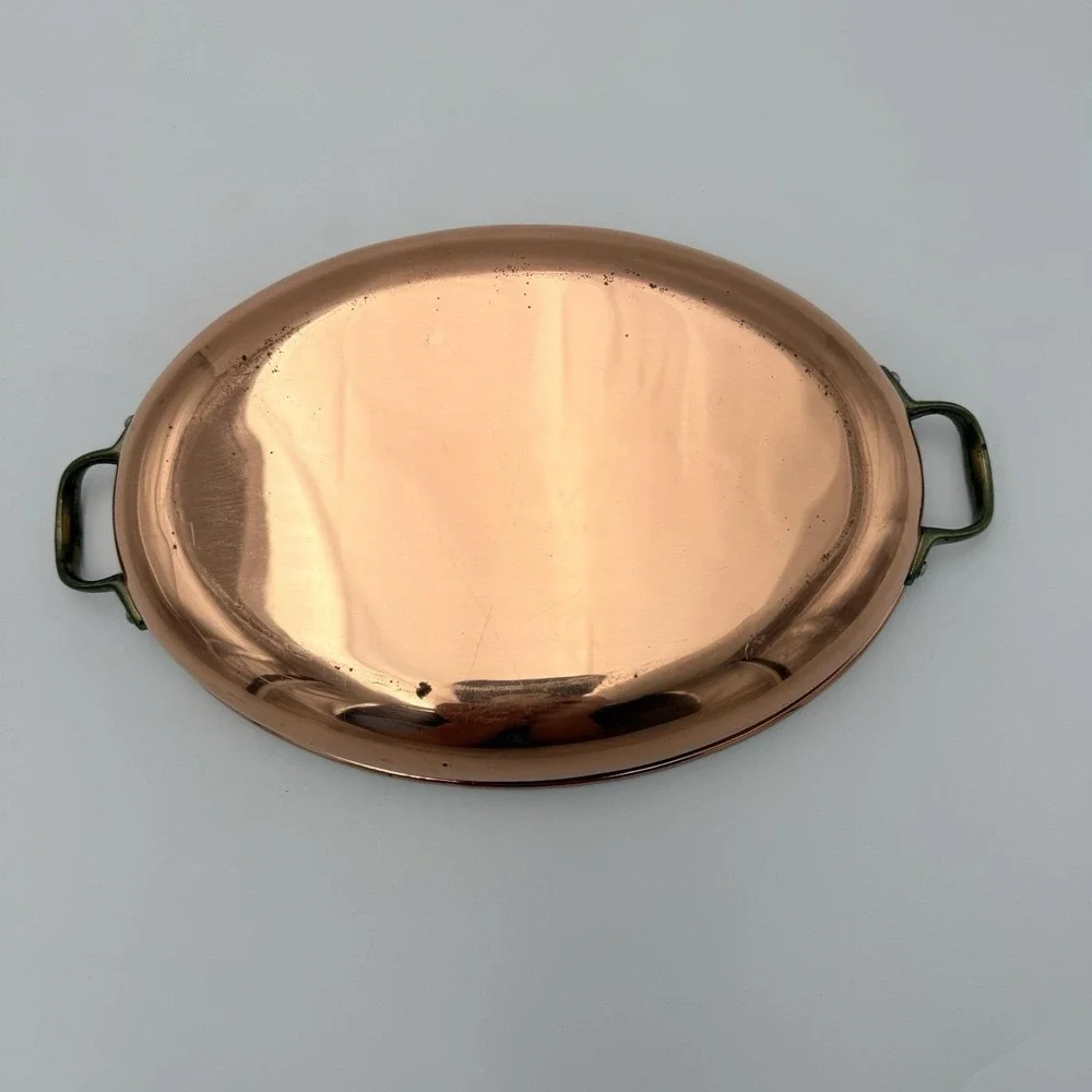 Vtg Copper Gratin Tin Lined Oval Pan Dish Cookware Brass Handles Wall Hanging